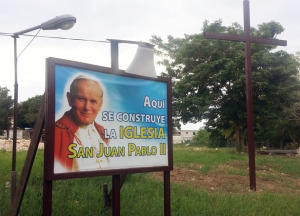 'Here the Church of St. John Paul II is being built'; ACN photo