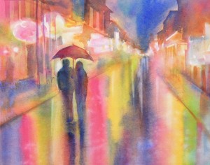 couple in rain under umbrella