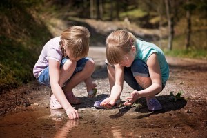 girls waters edge pond lake