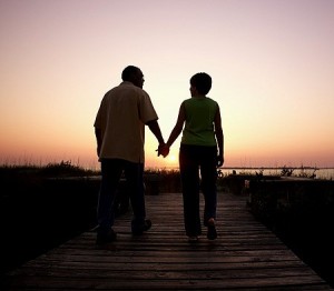 middle-aged couple walking