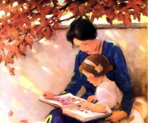 mother reading to daughter outdoors, motherhood, reading